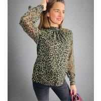 Green Animal Print High Neck Blouse Size 10