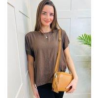 Brown Short Sleeve Textured Blouse Size 16