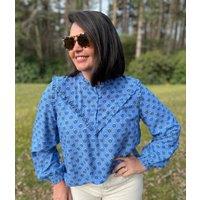 Blue Flower Frill Blouse Size 8