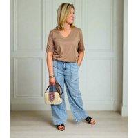 Beige Cotton Modal Slouch V-Neck T-Shirt Size 8/10 Petite