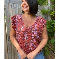 Red Print Frill Sleeve Top Size 8/10