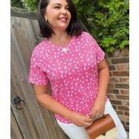 Pink Flower Print Straight Fit Cotton Tee Size 8/10