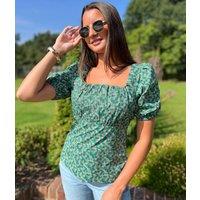 Micro Ditsy Floral Print Green Blouse Size 14