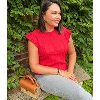Red Frill Sleeve Broderie Anglaise Top Size 8