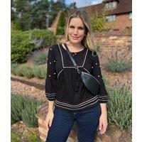 Black Embroidered Long Sleeve Boho Blouse Size 8