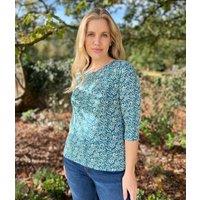 Ex Seasalt Teal Floral Script 3/4 Sleeve Top Size 26/28
