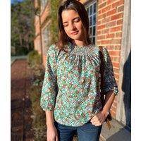 Green Ditsy Print Smocked Neck Top Size 20