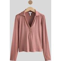 Dusky Pink Ribbed Button Down Collar Polo Top Size 16