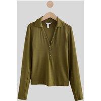 Olive Ribbed Button Down Collar Polo Top Size 26