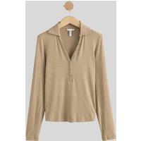 Taupe Ribbed Button Down Collar Polo Top Size 14