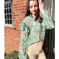 Green Printed Tie Neck Sheer Blouse Size 16