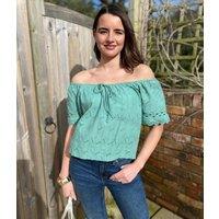 Green Broderie Short Sleeve Ric Rac Top Size 14