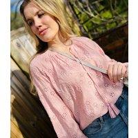 Pink Cotton Broderie Tie Neck Top Size 10