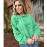 Green Cotton Broderie Tie Neck Top Size 10