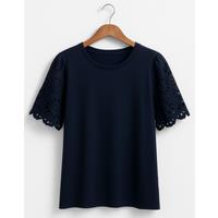Navy Anglaise Detail Sleeve Cotton Top Size 4