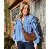 Blue Striped Ruffle Collar Cotton Blouse Size 10