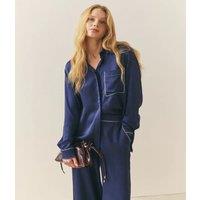 Navy Contrast Stitch Satin Shirt Size 10