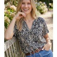 Black Tie Neck Printed Short Sleeve Top Size 16