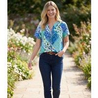 Blue Tie Neck Printed Short Sleeve Top Size 10