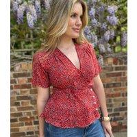 Red Ditsy Print Wrap Blouse Size 20