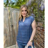Nomads Blue Printed Notch Neck Top Size 8