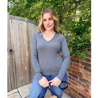 Grey Cotton Rich Ribbed V Neck Top Size 16
