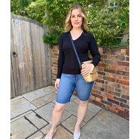Black Cotton Rich Ribbed V Neck Top Size 14