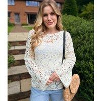 Ivory Floral Crochet Bell Sleeve Top Size 10