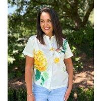Yellow Floral Short Sleeve Silky Shirt Size 14