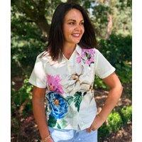 Blue Floral Short Sleeve Silky Shirt Size 12