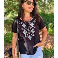 Black & White Embroidered Tassel Tie Top Size 18/20