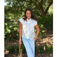 White Floral Embroidered Sleeveless Shirt Size 16