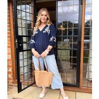 Navy Embroidered V Neck Top Size 12/14