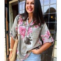 Mocha Floral Sequin Pocket Roll Sleeve Top
