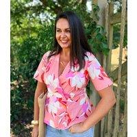 Pink Floral Print Wrap Blouse Size 14
