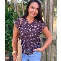 Brown Polka Dot Cowl Neck Frill Sleeve Top Size 8
