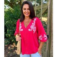 Raspberry Embroidered V Neck Top Size 14/16