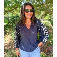 Navy Blue Boho Applique Sleeve Top Size 8