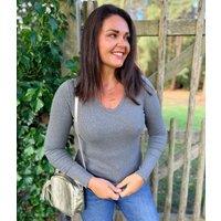 Grey V Neck Ribbed Long Sleeve Top Size 12
