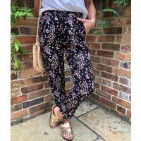 Black Flower Print Linen Blend Trousers Size 6