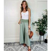 Khaki Linen Blend Wide Leg Trousers Size One size