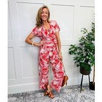 Red Print Wrap Belted Jumpsuit Size 12