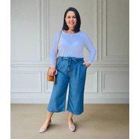 Blue Tencel Wide Leg Cropped Trousers Size 20