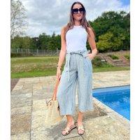 Blue Striped Pure Linen Cropped Trousers Size 12
