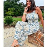 Tangier Blue Shirred Jumpsuit Size 8/10