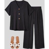 Black Button Through Shirt & Wide Leg Trouser Set Size One Size