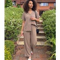 Mocha Button Through Shirt & Wide Leg Trouser Set Size One Size