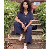 Navy Button Through Shirt & Wide Leg Trouser Set Size One Size