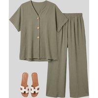 Khaki Button Through Shirt & Wide Leg Trouser Set Size One Size
