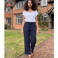 Navy Belted Cheesecloth Cotton Trousers Size 8/10